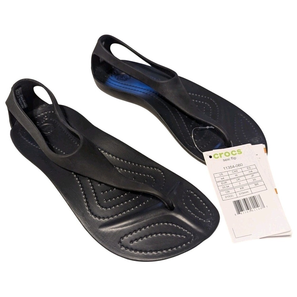 NWT Crocs Sexi Flip Flop Womens 4 Black T-Strap Sandals Ankle Strap Thong Flat
